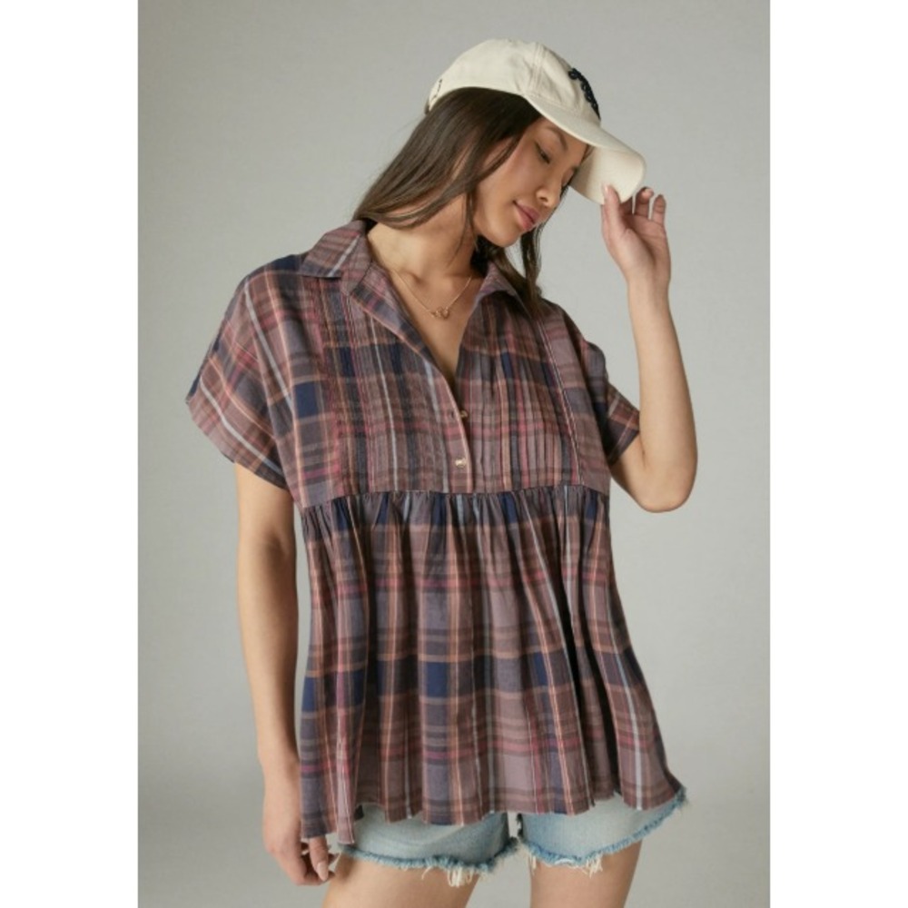 Lucky Brand $89 Womens XXL Short Sleeve Plaid Babydoll Top Tunic Raw Hem